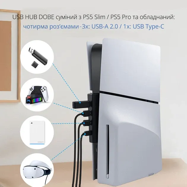 Адаптер-перехідник USB HUB DOBE (USB хаб) чотири роз'єми: 3х - USB-A 2.0 / 1x - USB Type-C для консолі-приставки Sony PlayStation 5: PS5 Slim / PS5 Pro (Disk Drive version / Digital Edition) 2