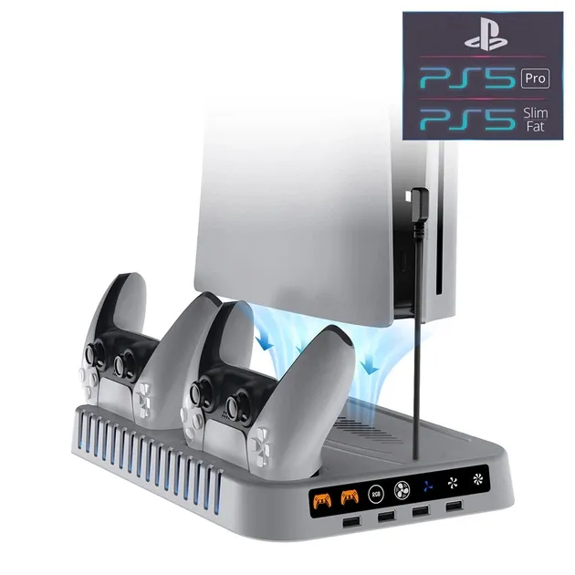 Мультифункціональна підставка DOBE з охолодженням для консолі PlayStation 5: PS5 / PS5 Slim / PS5 Pro + Зарядна станція для геймпаду DualSense / DualSense Edge + RGB / LED підсвітка + Стійка під 13 дисків + Кріплення-гачок для навушників