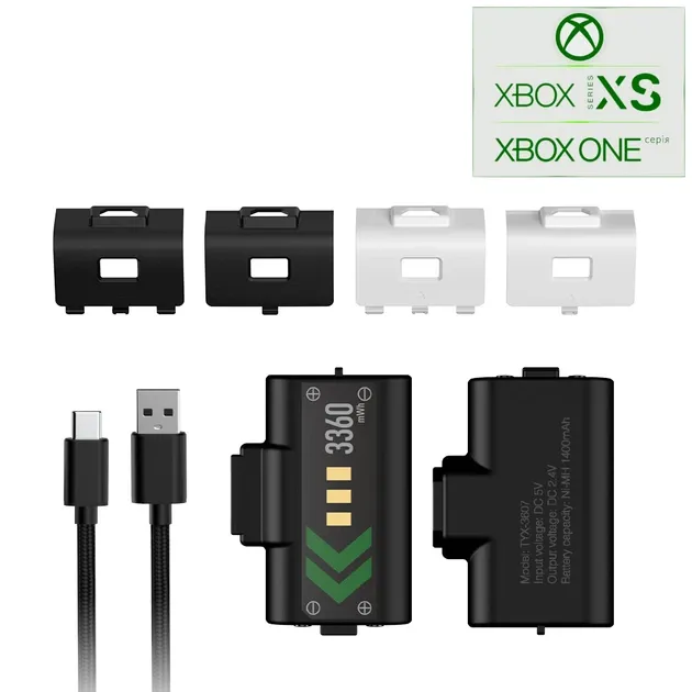 Акумуляторна батарея DOBE 1400 mAh (2шт) для геймпада Microsoft Wireless Controller консолі Xbox Series S | X, Xbox One / X / S / Elite / дві білі, дві чорні кришки / зарядний кабель Type-C / LED індикатор статусу зарядки