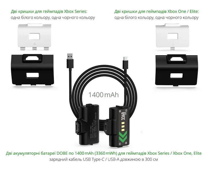 Акумулятори Dobe для геймпадів Xbox Series X S One S 1400 mah 2шт в комплекті з кабелем для заряджання 2