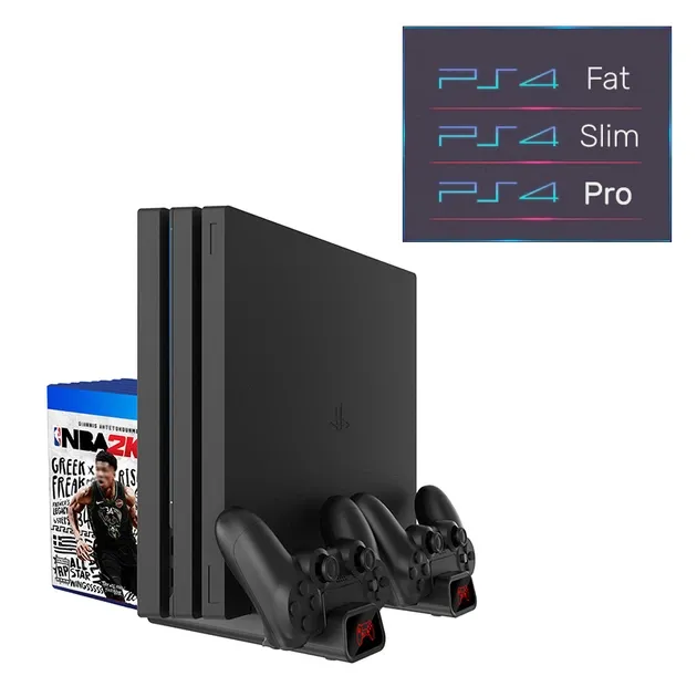 Мультифункціональна вертикальна підставка DOBE для консолей Sony PlayStation 4 (PS4 PRO / PS4 Slim / PS4 Fat) з охолодженням, зарядна станція для геймпадів DualShock 4 з LED підсвічуванням, підставка під 10 дисків