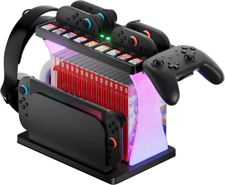 Станція-органайзер для Nintendo Switch 2: зарядка 4 Joy-Con, 16 кейсів, 9 картриджів, RGB, тримач Pro